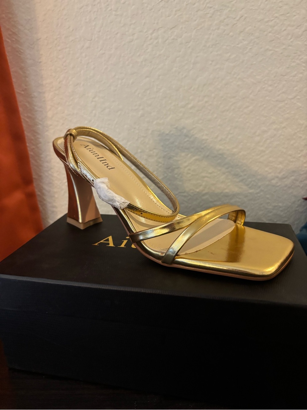 Gold Strappy Square-Toe Slingback Heel